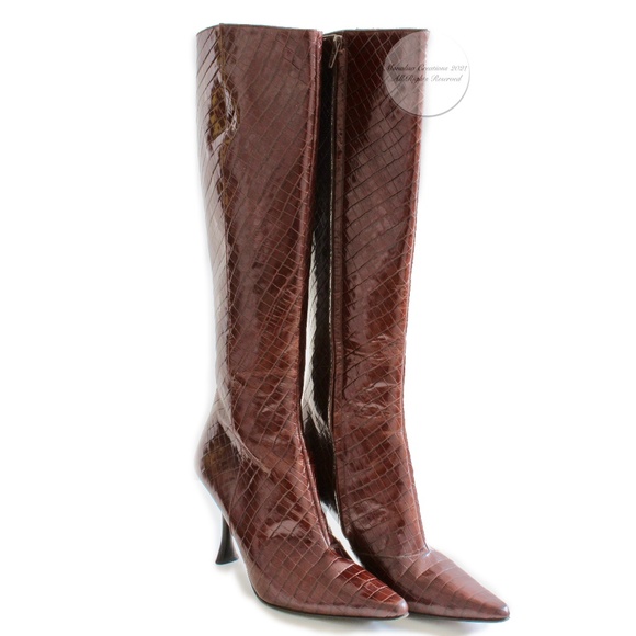 Charles Jourdan Boots Croc Embossed Glossy Leather Kitten Heel size 8.5 Vintage